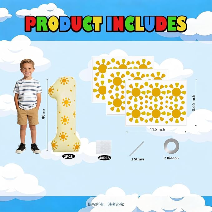 1st Birthday Number 1 Balloon, DIY Sun Sticker Party Decorations | 40 inch - Image 3