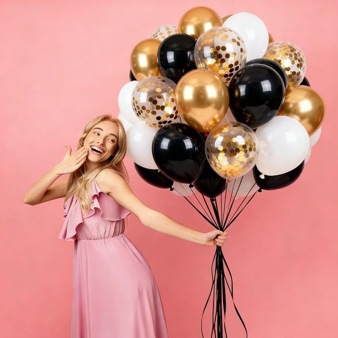 Black Gold Balloons 60Pcs 12 Inch Confetti Latex Balloon Set - Image 2