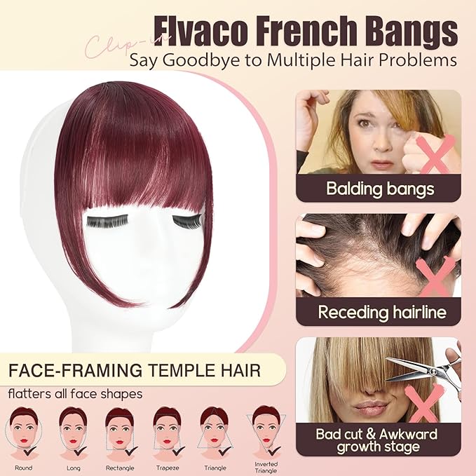 Clip in Bangs, Synthetic Wispy Bangs Hair Clip, Wine Red Fake Bangs Fringe with Temples Hairpieces for Women Natural Curved Hair Extensions for Daily Wear