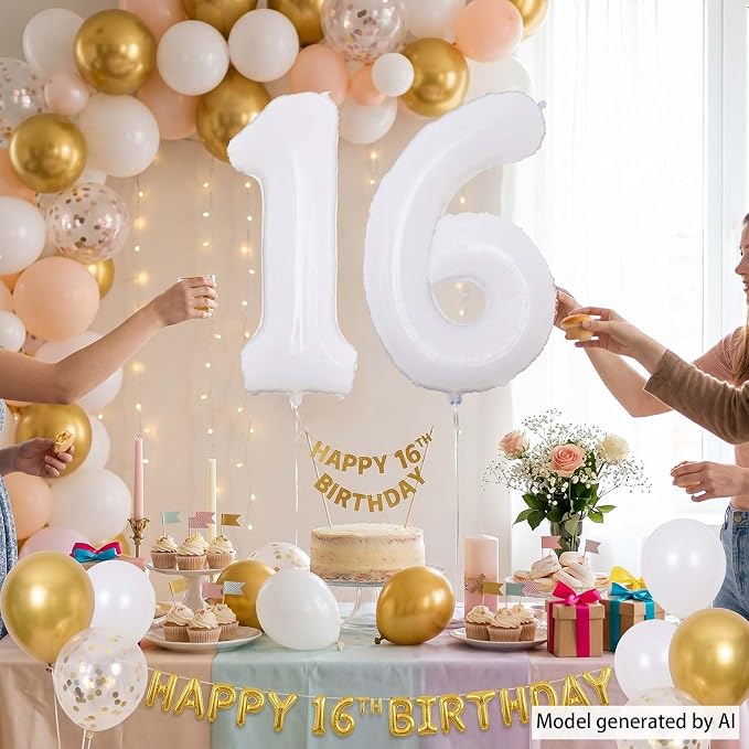 White Number 16 Balloon 40 Inch, Large Matte White Mylar Foil 16th Birthday - Image 3