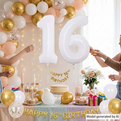 White Number 16 Balloon 40 Inch, Large Matte White Mylar Foil 16th Birthday - Image 3
