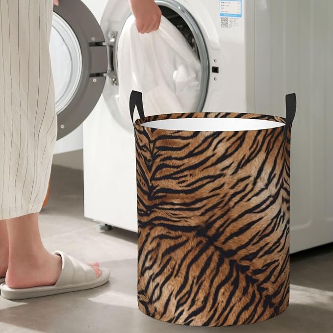 Tiger Texture Round Laundry Hamper Natural Animal Skin Print Storage Basket - Image 6