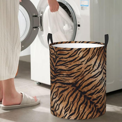 Tiger Texture Round Laundry Hamper Natural Animal Skin Print Storage Basket - Image 6