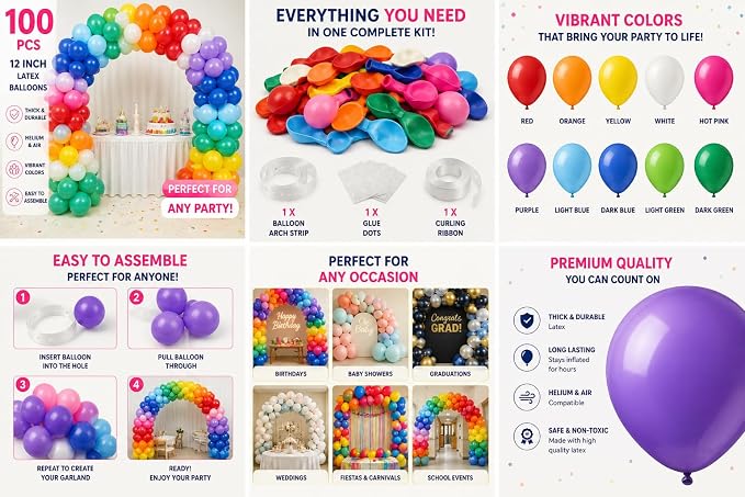 100 Pack Balloon Arch Kit – 12 Inch Assorted Rainbow Latex Balloons - Image 3