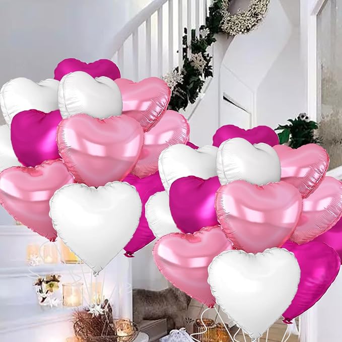 Rose Heart Balloons, 18inch Bright Pink Heart Shaped Foil Balloons & White - Image 6