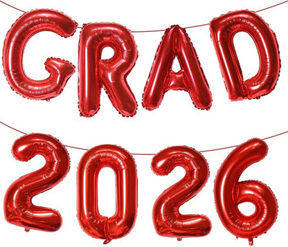 Red GRAD 2026 Banner Balloons, 16 Inch Mylar Foil letter Graduation Balloons by KALOR