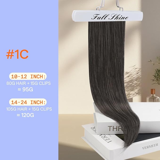 Full Shine Real Human Hair Extensions Clip ins Soft Black Clip on Extensions Human Hair Natural Black Tea 10 Inch 95 G 7 Pcs