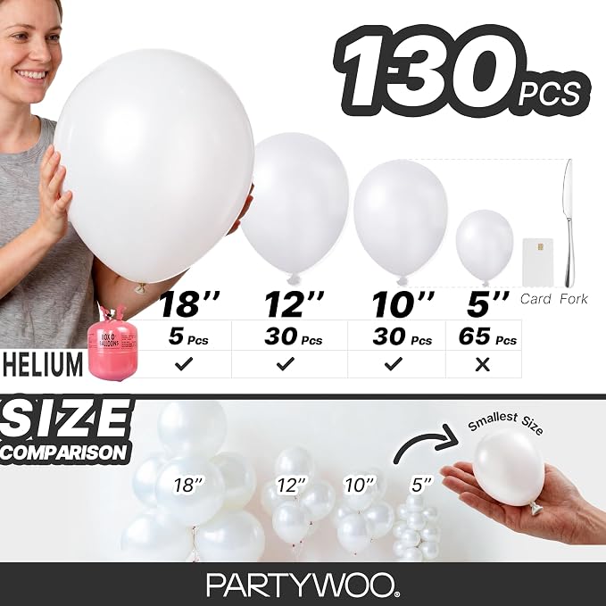 PartyWoo Pearl White Balloons 130pcs Metallic White Color 5 Inch | 18 12 10 5 - Image 6