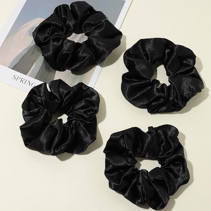 4PCS Black Satin Silk Scrunchies for Women, 6.3Inches Extra Large Hair Scrunchy Oversized Thick Elastic Hair Ties Hair Bands Ponytail Holders Jumbo Hair Scrunchies