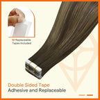 Full Shine Invisible Tape in Hair Extensions Human Hair Color 4/24/4 Medium Brown Fading to Blonde Highlight Double Sided Extensions Insert Virgin Tape in Extensions 25Grams 10Pcs 22Inch Daily Wear