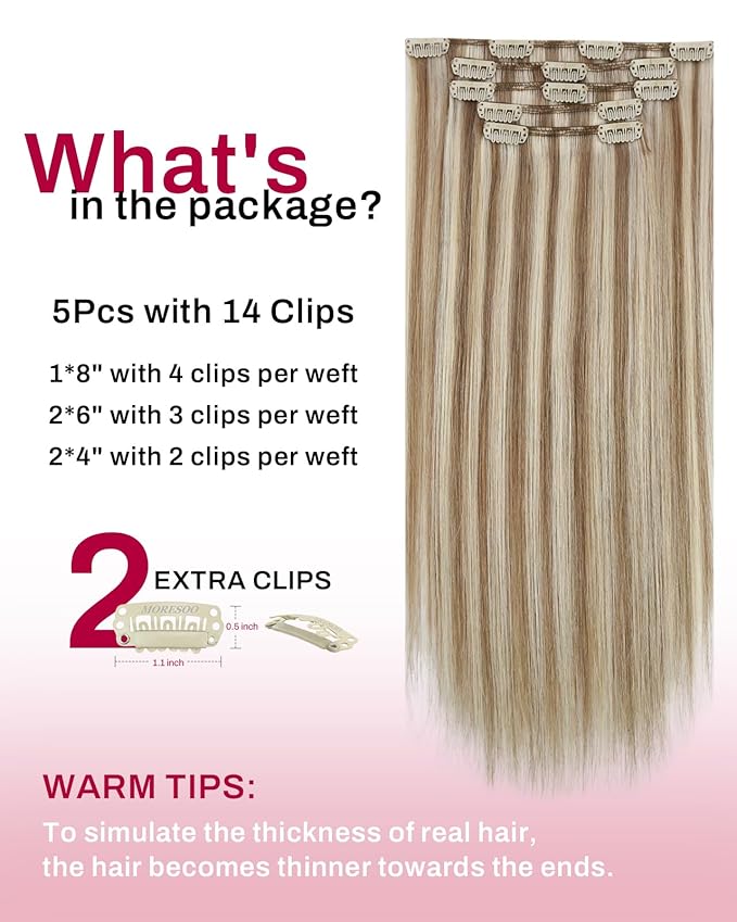 Moresoo Clip in Hair Extensions Brown with Blonde Highlights Double Weft Real Human Hair Clip in Extensions 16 inch Medium Golden Brown with Platinum Blonde Remy Straight 80g/5pcs