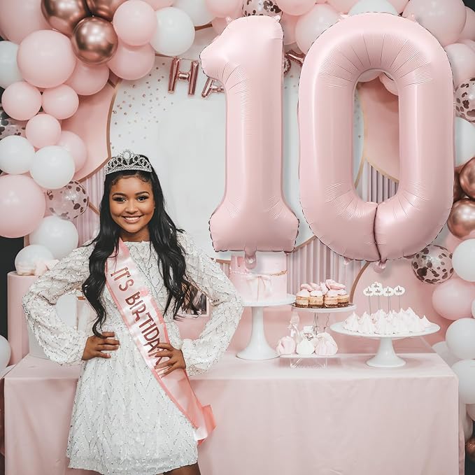 40'' 10 Balloon Number, Large Dusty Baby Pastel Pink Foil Number 10 Balloons - Image 3