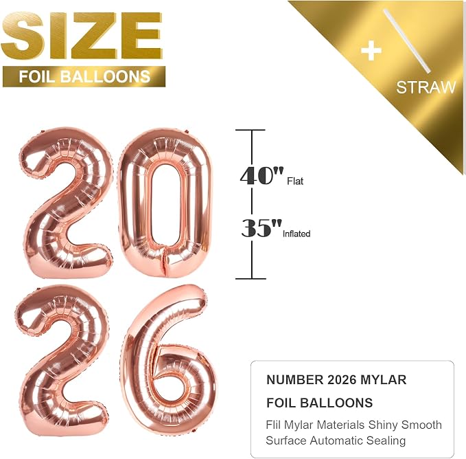 Number Balloons 40 Inch Rose Gold 2026 Balloon - Image 5