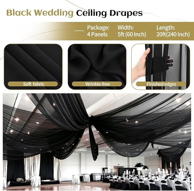 4 Panels Black Ceiling Drapes for Wedding Ceiling Drapes 5ftx20ft Wedding Arch - Image 4