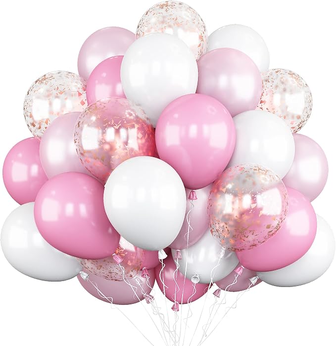 Pink White Balloons, 12 Inch Metallic Pink Latex Balloons Rose Gold Confetti by BIAPIAN