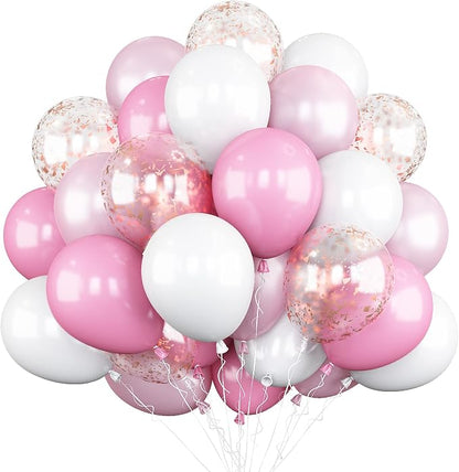 Pink White Balloons, 12 Inch Metallic Pink Latex Balloons Rose Gold Confetti by BIAPIAN