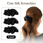 Black Silk Scrunchies for Women 100% Mulberry Silk Hair Ties for Night Sleep Scrunchies for Girls No Damage & Frizz Prevention for Hair Hair Accessories-3pack