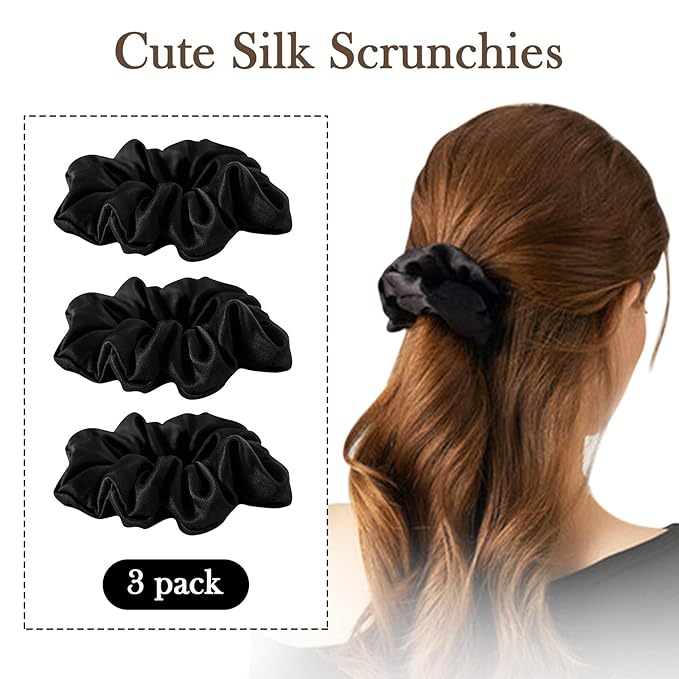 Black Silk Scrunchies for Women 100% Mulberry Silk Hair Ties for Night Sleep Scrunchies for Girls No Damage & Frizz Prevention for Hair Hair Accessories-3pack