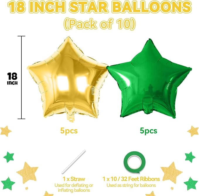 Green and Gold Star Foil Balloon, 18 Inch Metallic Stars Balloons Helium - Image 2