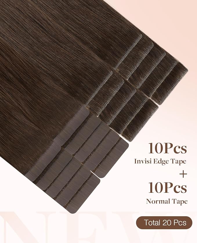 GOO GOO Invisi edge Tape in Hair Extensions Human Hair, 4A Chocolate Brown10pcs injected with 10pcs classical tape ins, 20inch 50g, Virgin Human Hair Tape ins
