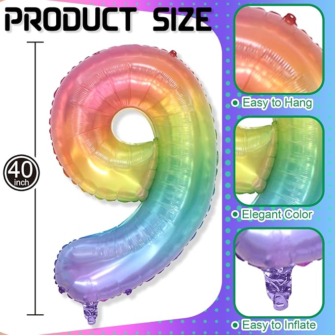 Big Number 9 Balloons, Rainbow Colorful Foil 9 Balloon Numbers 40 Inch - Image 2