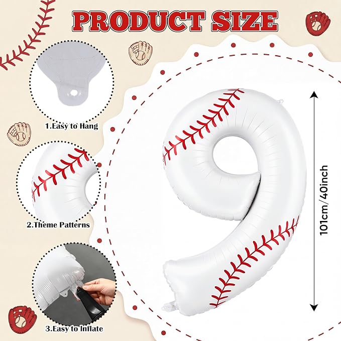 Jenaai Baseball Number 9 Balloons 40 Inch Baseball Theme Birthday Party - Image 2