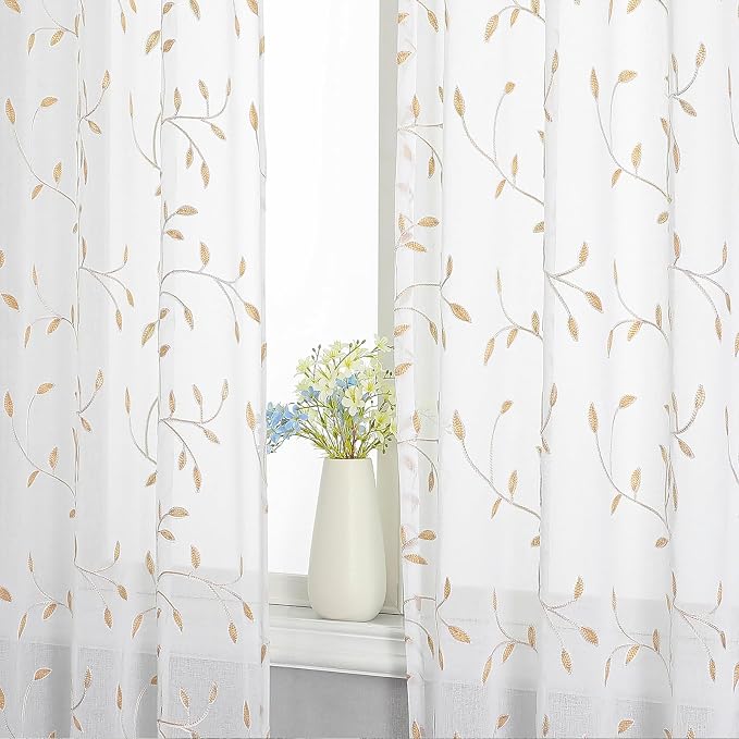 White Sheer Voile Curtains, Decorative Orange Leaves Embroidery Faux Linen Rod - Image 6