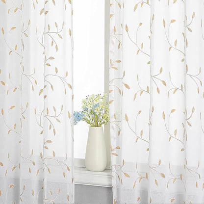 White Sheer Curtains Orange Leaf Embroidery Linen 96 Inches Long | Light - Image 5
