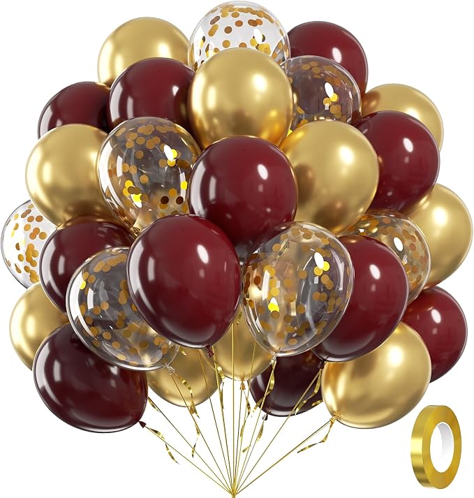 60pcs Burgundy and Gold Balloons 12inch, Maroon and Gold Balloons by Awenztech