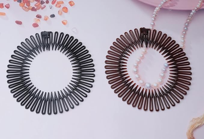Sowaka 4 Pcs Circular Stretch Hair Wrap Holder Combs, Plastic in Black and Brown for Women Girls Outgoing Sports Hair Accessories