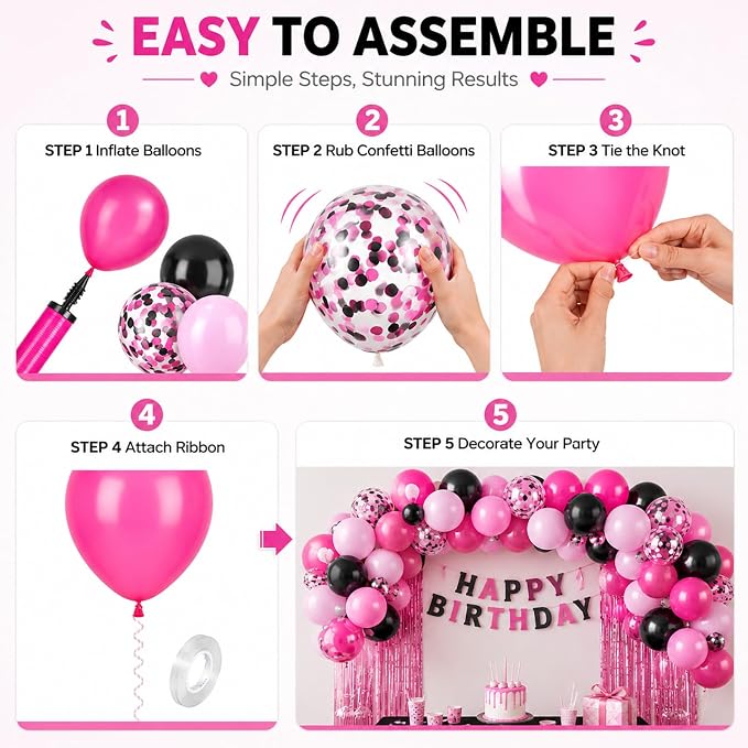 Pink and Black Balloons, 12 Inch Hot Pink Black Balloons Set - Image 4