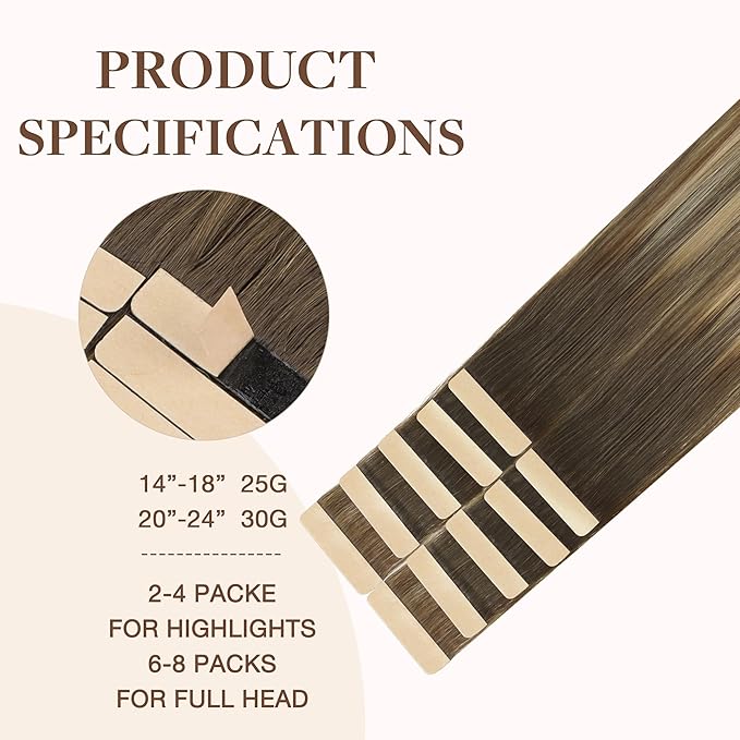 GOO GOO Tape in Hair Extensions Human Hair, 4/18 Balayage Chocolate Brown Highlighted Dirty Blonde, 16inch 25g 10pcs, Skin Weft Seamless Invisible, Silky Straight with Thick Ends, Remy Human Hair
