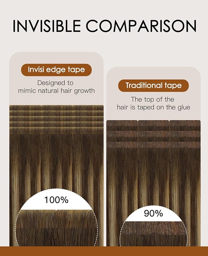 VINBAO 60g Invisi Edge Tape in Hair Extensions Human Hair, Balayage Chocolate Brown to Caramel Blonde 20pcs Injection Tape in Hair Extensions Natural Blend 22inch #4/27/4