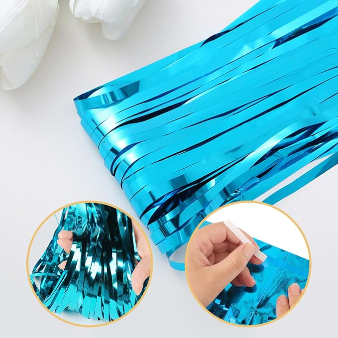5 Pack Blue Fringe Backdrop 3.2ft x 8.2ft Teal Blue Foil Fringe Curtains Party - Image 4