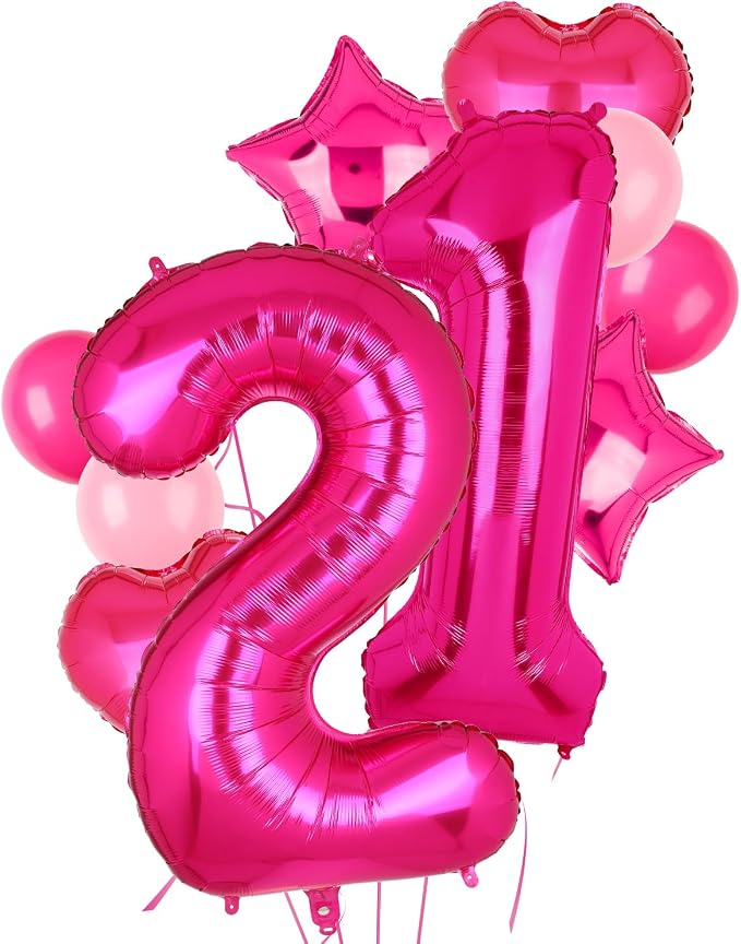 40 Inch Number Balloon Hot Pink 21 Set Pink 12th 21st Birthday Decor 10Pcs | by GGDE