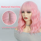 NOBLE Pink Wig Bob Wig with Bangs Short Loose Wavy Wigs for Women Shoulder Length Heat Resistant Synthetic Hair Bob Wavy Colored Wigs for Halloween Cosplay 12 Inches