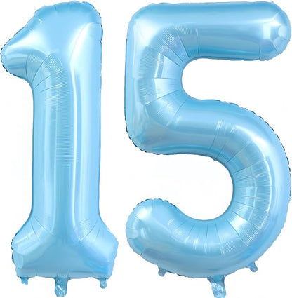 Pastel Blue 15 Balloon Number, Light Blue 15 Balloons by BBPOOL