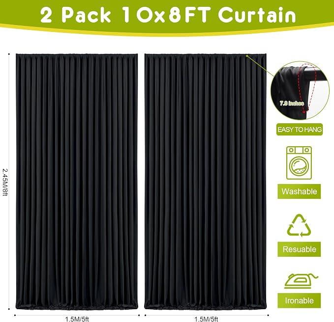 Black Backdrop Curtain for Parties Backdrop Drapes, 4 Panel 5x8FT - Image 2