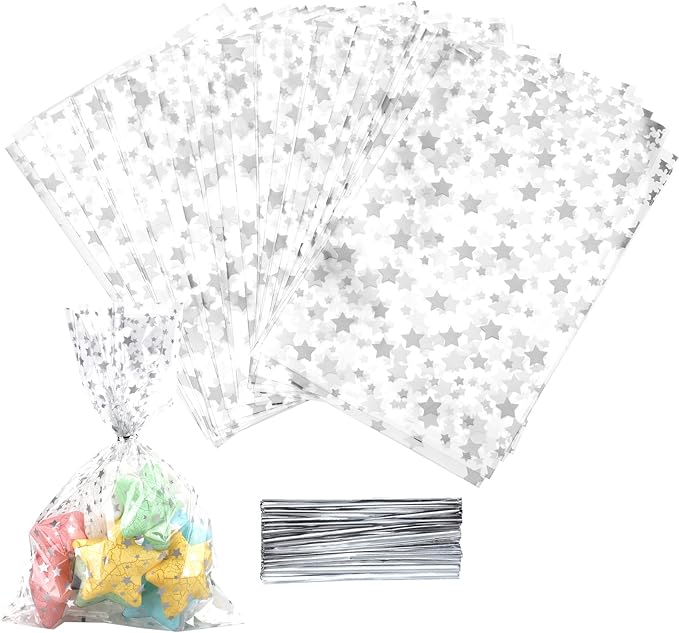 100 Pcs Star Printed 4"X 9" Gift Wrap Cello Cellophane Treat Bags Party Favor by COQOFA