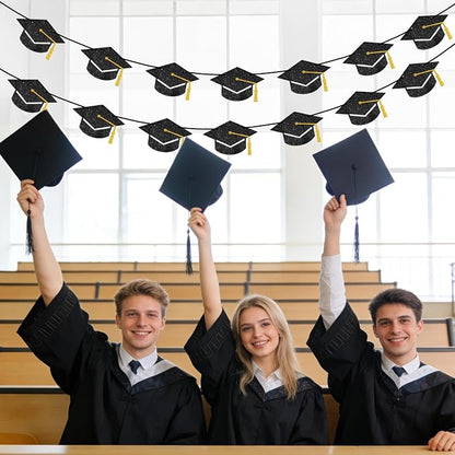jijAcraft Black Gold Graduation Cap Banner, Glitter Grad Garland, 2 Pack 9.8ft - Image 4
