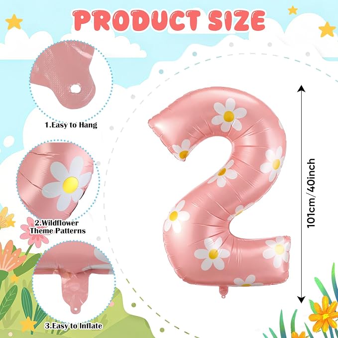 Jenaai 40 Inches Daisy Number Balloon Pink Inflating Foil Balloons Boho - Image 2