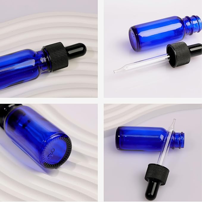 48 Pack 1/2 oz (15ml) Cobalt Blue Glass Bottles with Glass Eye Droppers for Essential Oils, Perfumes & Lab Chemicals (Brush, Funnels, 2 Extra Droppers, Labels & Measuring Cup Included)