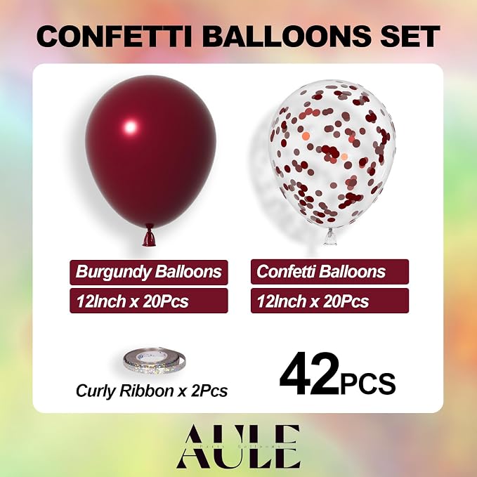 AULE 42Pcs Metallic 12 Inch Burgundy Confetti Balloons Set | Maroon Party - Image 3