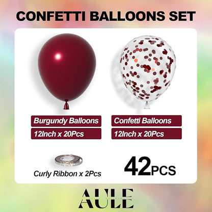 AULE 42Pcs Metallic 12 Inch Burgundy Confetti Balloons Set | Maroon Party - Image 3