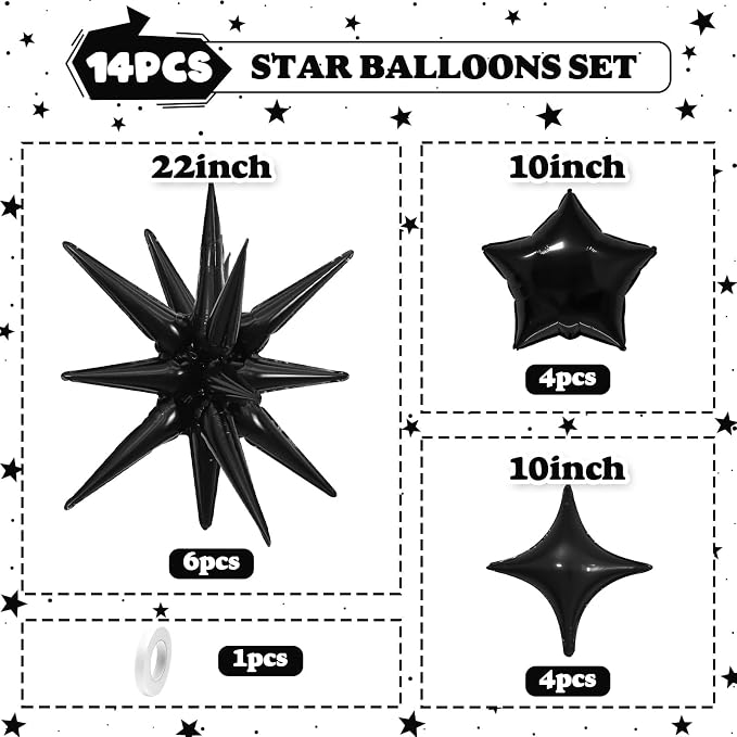 14pcs Black Star Balloons, Mixed Star Foil Balloon, 22Inch Explosion Stars - Image 2