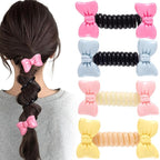 4PCS Bow Spiral Hair Ties, 4 Colors Bowknot Phone Cord Ponytail Holders for Women, Elegant Rubber Hair Coils, Stylish Hair Accessories for Party, Daily Use