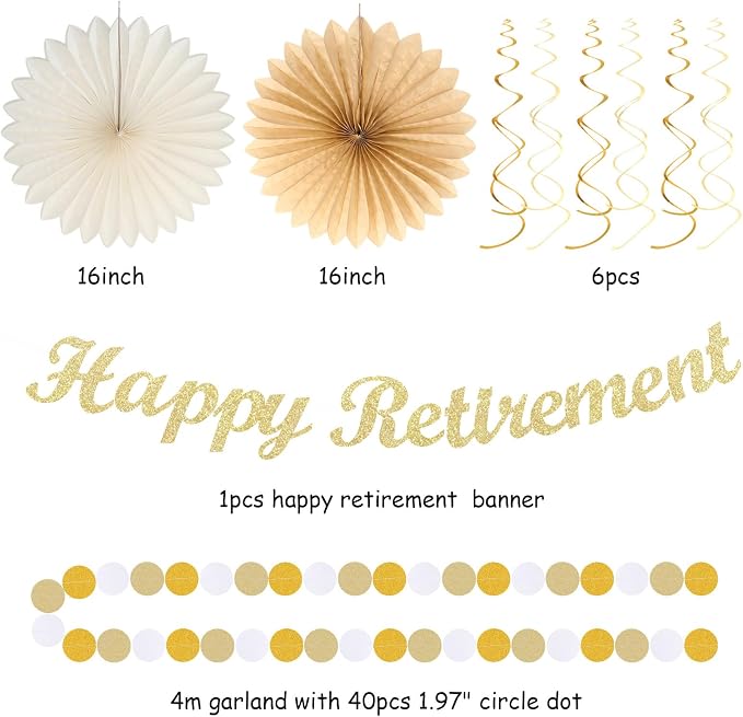 Beige-Gold Happy Retirement Party Decorations Banner Women Men Huglony | 21pcs - Image 2