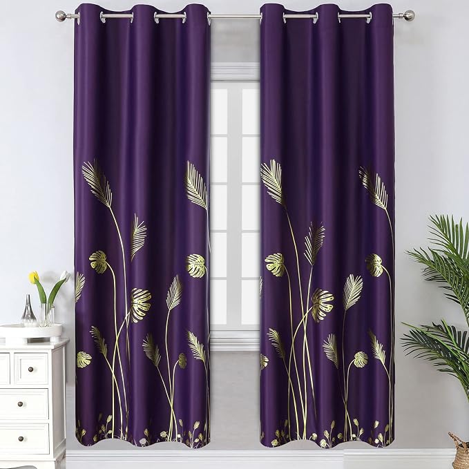 Purple Blackout Curtains for Bedroom, Room Darkening Gold Palm Tree Pattern by ESTELARTEXTILER