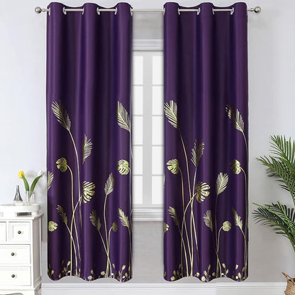 Purple Blackout Curtains for Bedroom, Room Darkening Gold Palm Tree Pattern by ESTELARTEXTILER