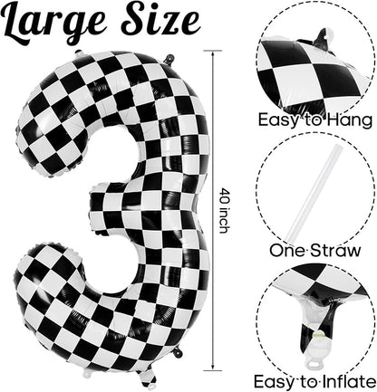 Checkered Number 3 Balloon 40 Inch, Large Foil Black and White Number Balloons - Image 3